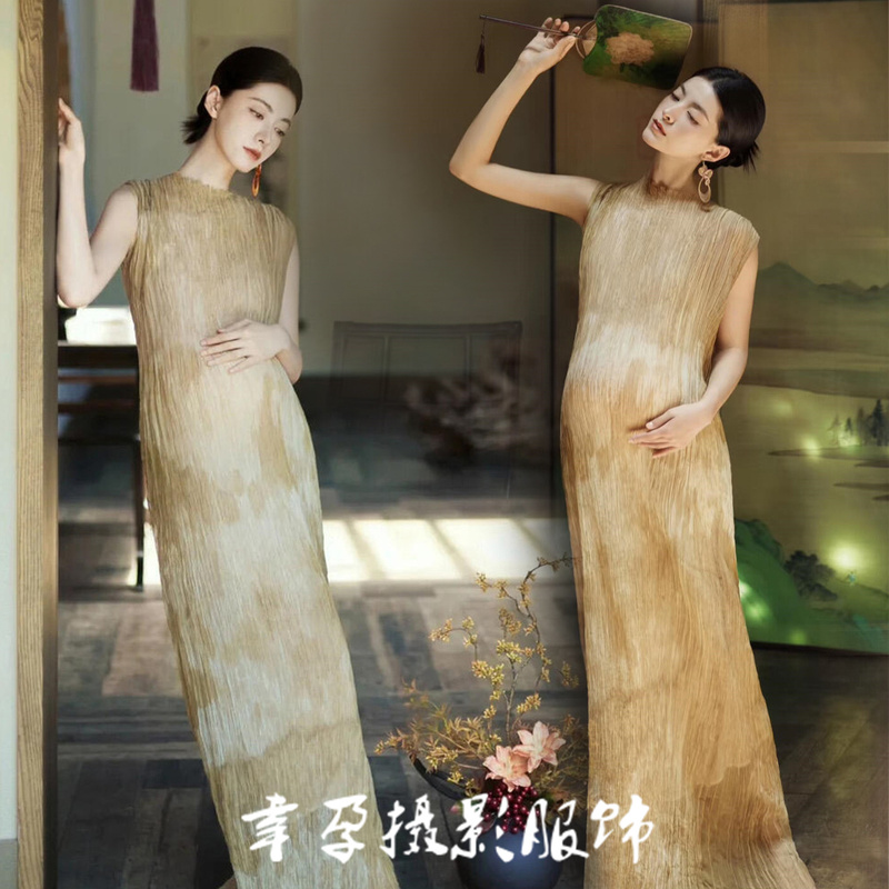 Photo Studio New Chinese-Style Maternity Photo Shoot Theme Clothing, Cool and Elegant High-End Maternity Photoshoot Pleated Dress