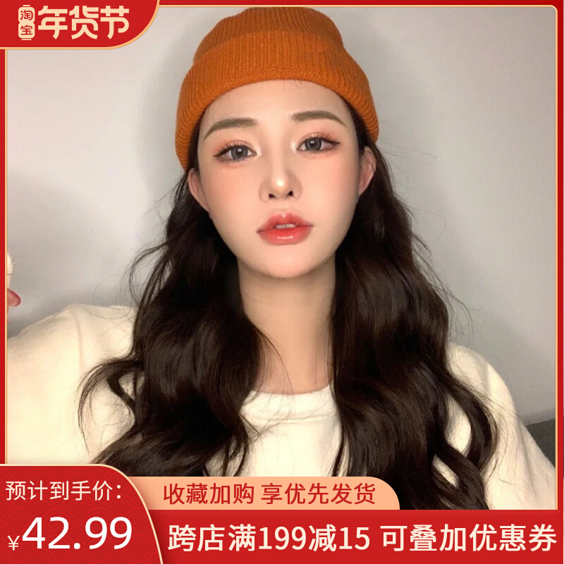 Wig women's long hair autumn and winter wool hat integrated long curly hair fashion trend big wave long hair full head cover