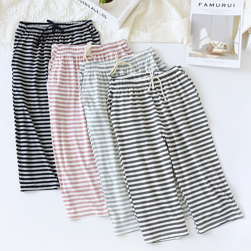 Modal new Japanese large size summer cotton striped loose thin section casual pajama pants 7 points pants women's home pants