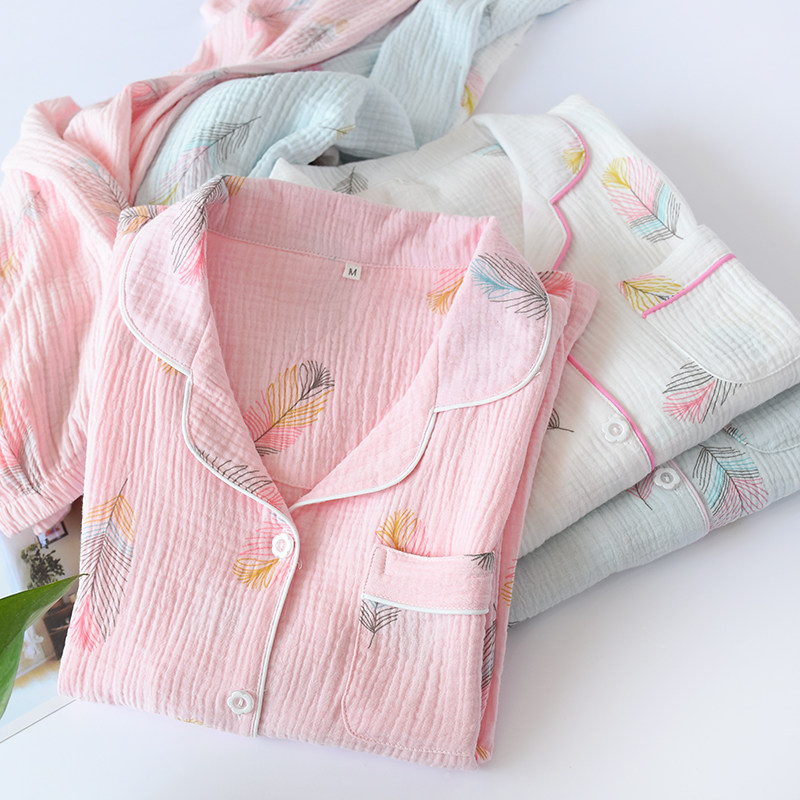 Day series new all-cotton cloth sleepwear spring autumn season pure cotton washed crepe cloth long sleeve stay-at-home suit open-shirt thin