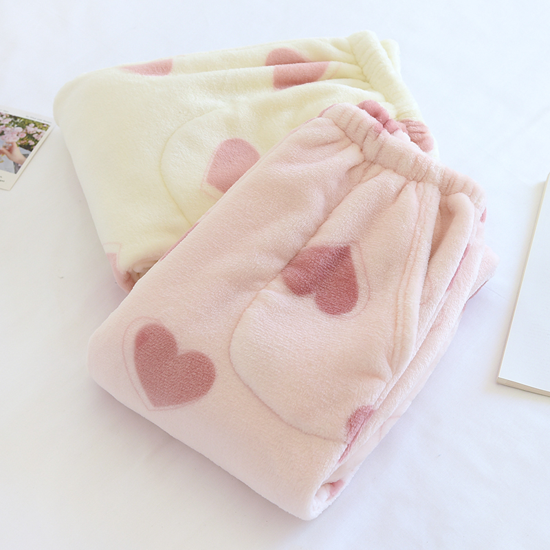 2025 Autumn/Winter Flannel Heart Pattern Women's Sleep Pants, Cuffed Long Pants, Warm Coral Fleece Home Pants, Can Be Worn Outside, Thick