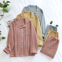 Japanese Plaid gauze Spring and Autumn New Cotton couple pajamas ladies washed double cotton yarn men home clothing set