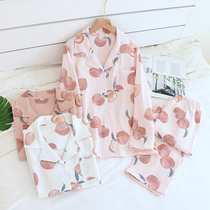 New cute pajamas cotton crepe ladies washed cotton yarn long sleeve trousers lapel Sweet Peach home wear