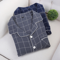 Pajamas mens plaid cotton spring and autumn long sleeves large size cotton thin autumn and winter can be worn outside home clothes set