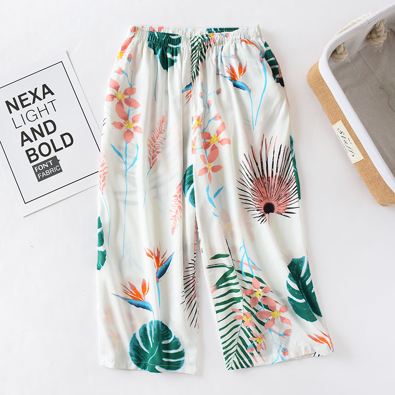 Quần cotton pyjama lụa hoa mùa hè của phụ nữ rayon thoáng khí phần mỏng cắt quần nhà nữ kích thước lớn ngoại thương nhà quần - Quần tây quần thể thao