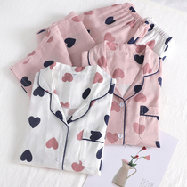 Double gauze pajamas women cotton long sleeves spring and autumn sweet love home clothes loose size cotton Japanese set
