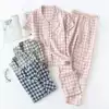 Summer new couple pure cotton men's and women's cotton yarn cloth short-sleeved trousers home clothes suit plaid thin section