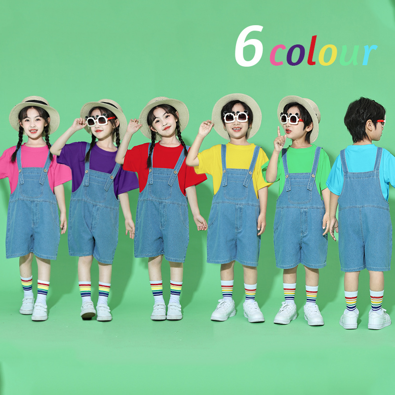 Children's Summer Denim Overalls Shorts Colorful Set Kindergarten Graduation Uniform Kids Choir Performance Outfit