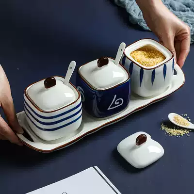 Japanese seasoning jar ceramic set kitchen household seasoning jar combination with lid seasoning bottle sugar oil salt jar