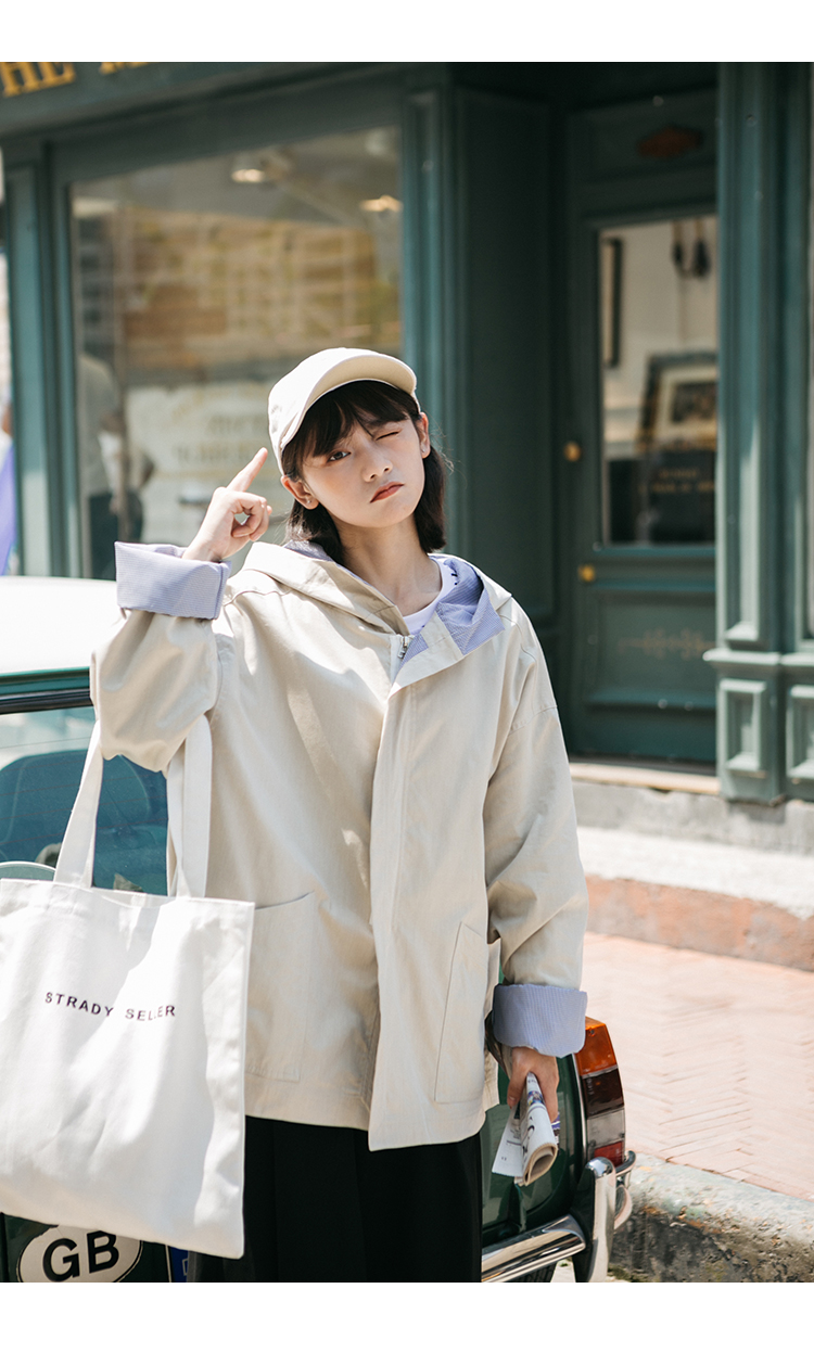 Impetuity / mùa xuân mới lỏng áo khoác trùm đầu mỏng áo khoác ngắn Nhật Bản sang trọng áo khoác bỏ túi hàng đầu quần áo nữ đẹp
