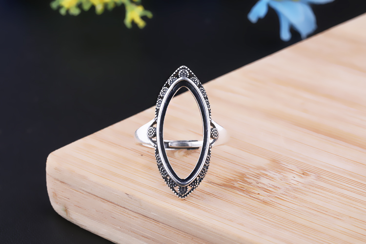 925 sterling bạc retro mắt ngựa nhẫn trống hỗ trợ tự làm vòng sáp ong hỗ trợ vòng hổ phách hỗ trợ vòng trực tiếp hỗ trợ 10 * 22 nhẫn cưới kim cương