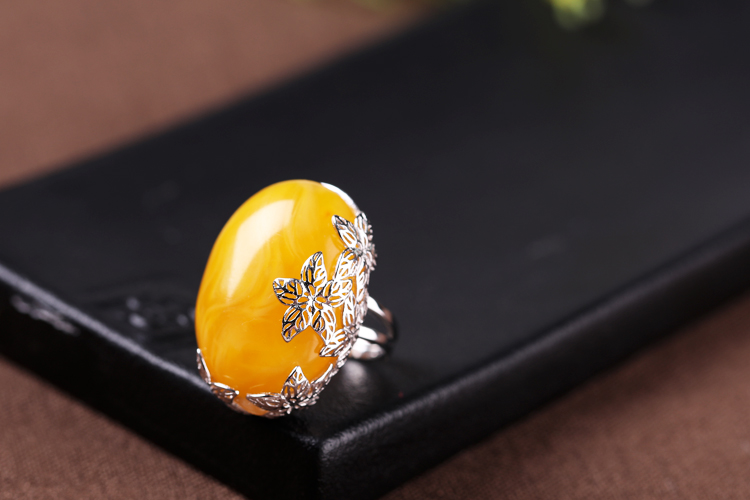 Nhẫn bằng bạc 925 mạ vàng trống rỗng thiết lập nhẫn bằng bạc khảm sáp ong vòng hổ phách mặt nhẫn mở 19 * 30 cài đặt - Nhẫn nhẫn đôi đẹp