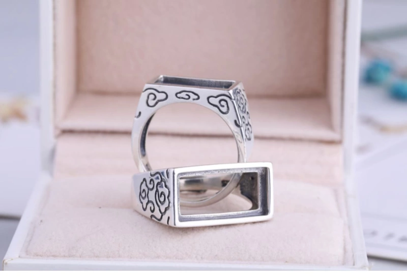 S925 bạc sterling nhẫn trống không người giữ tự làm khảm màu ngọc lam sáp ong mở hình vuông người giữ nhẫn bạc trang trí trống 8 * 16 - Nhẫn