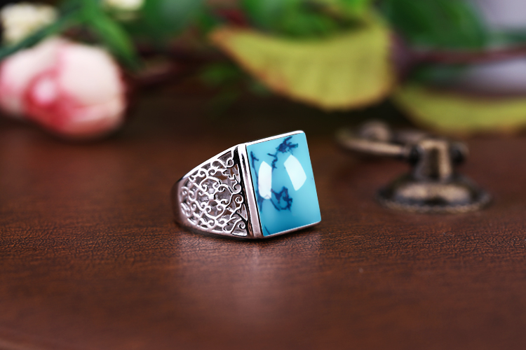 S925 sterling bạc mạ vàng trắng nhẫn nam hỗ trợ trống 13 * 16 dát ngọc lam bằng đá ngọc bích thiết lập lại vòng 13 * 15 nhẫn vàng trắng nam