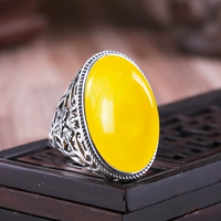 S925 sterling bạc retro nhẫn nam trống khay tự làm dát sáp ong hổ phách màu ngọc lam 15 * 25 thiết lập vòng sống nhẫn cưới doji