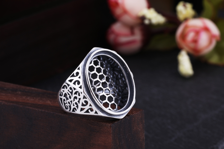 Nhẫn bạc nam 925 sterling trống hỗ trợ trống sáp ong thiết lập mặt động vật màu ngọc lam thiết lập 15 * 20 14 * 19 16 * 21 nhẫn đính hôn