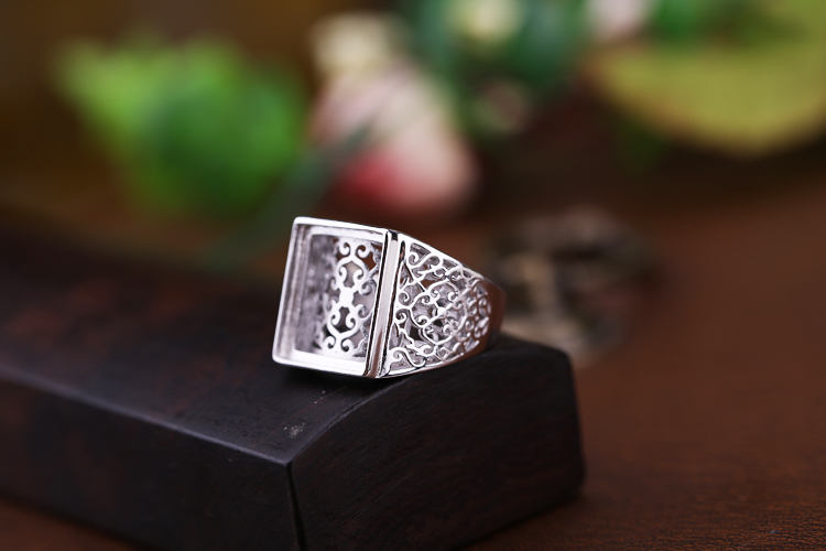 S925 sterling bạc mạ vàng trắng nhẫn nam hỗ trợ trống 13 * 16 dát ngọc lam bằng đá ngọc bích thiết lập lại vòng 13 * 15 nhẫn vàng trắng nam