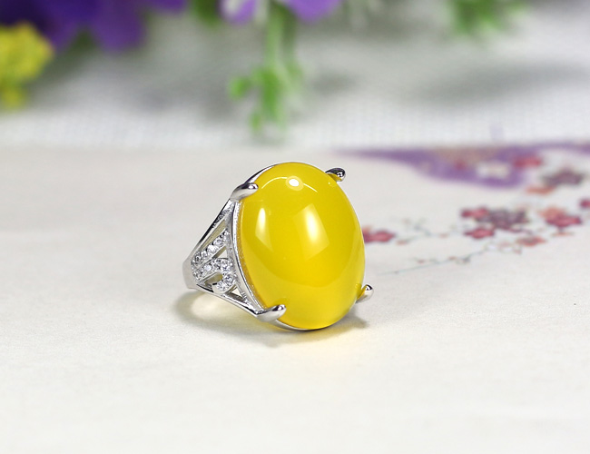 S925 sterling bạc nhẫn nữ trống hỗ trợ dát hổ phách sáp ong nhẫn nhẫn vàng trắng mở khay bạc 15 * 18 nhẫn lông voi nam