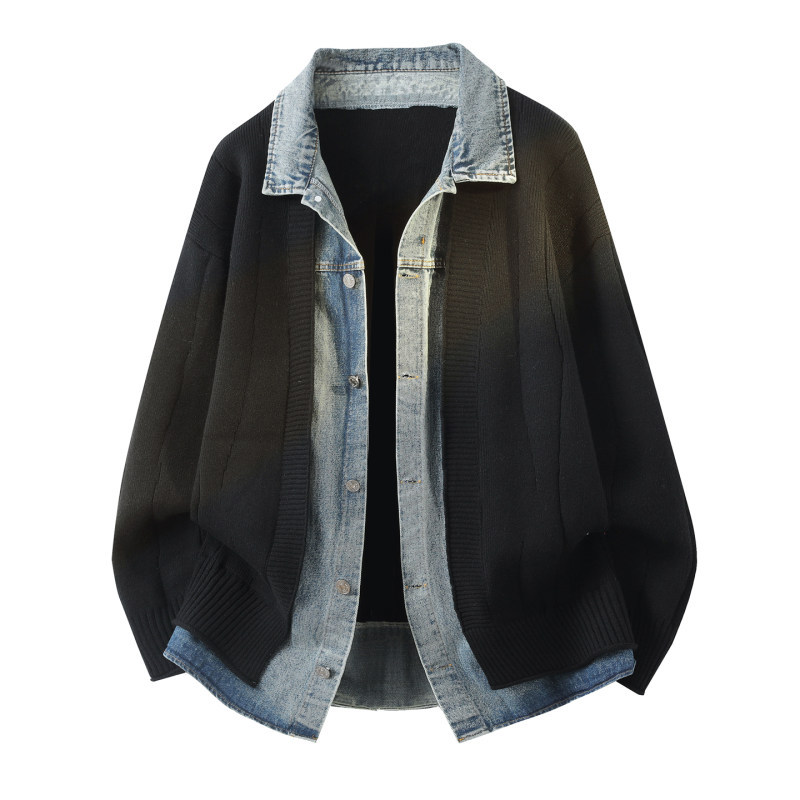2026 Spring Fashion Fake Two-Piece Denim Placket Sweater Cardigan Jacket