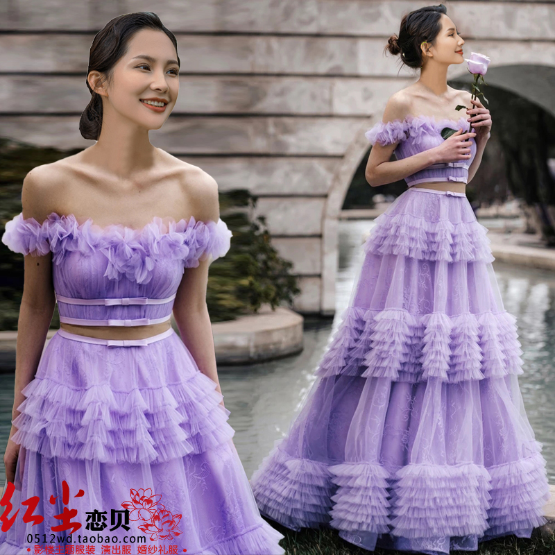 New photo studio theme clothing location photo photography couple photo dress One word shoulder petal sleeve purple wedding dress