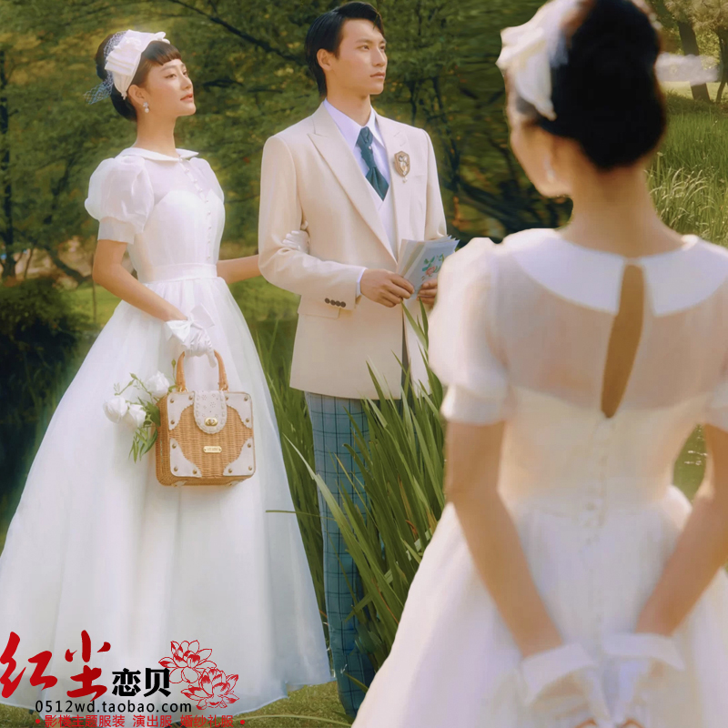 French couple photo dress photography Mori travel photo photo short-sleeved veil retro wedding photo studio theme clothing