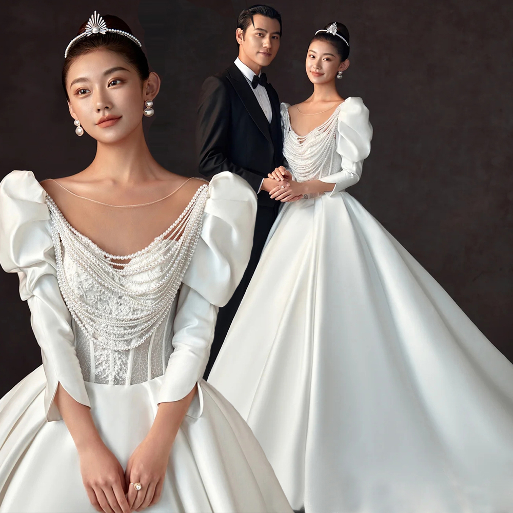 New film themed clotheWedding photography couple wrote retro-scratch photo drag-tail satin bubble long sleeve dress