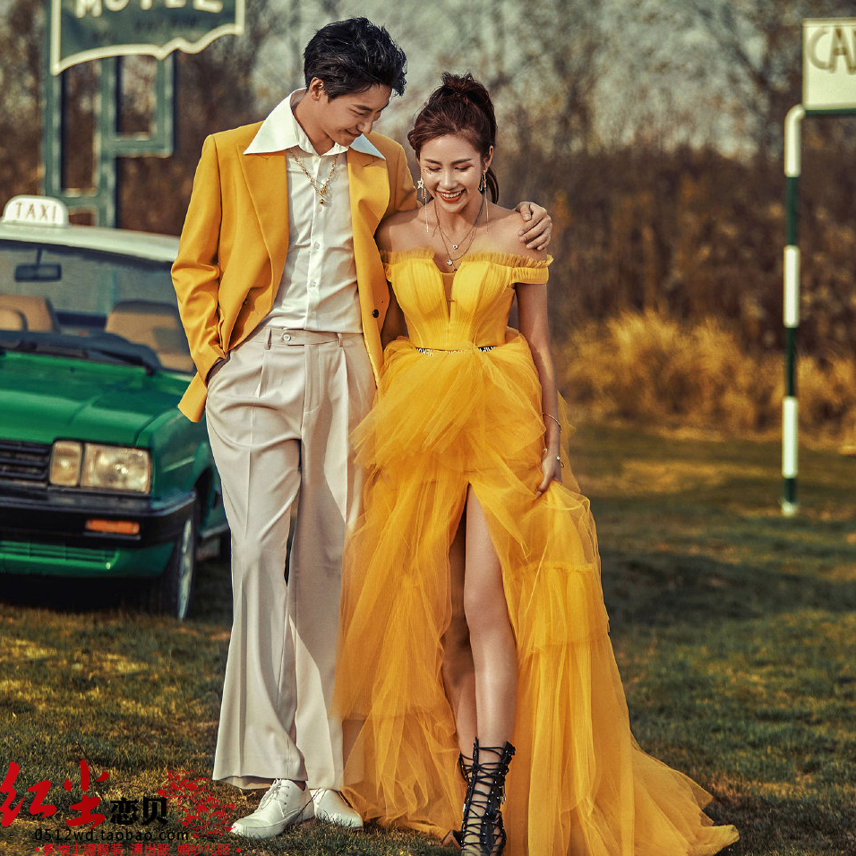 Outside color yarn couple photo dress a word shoulder Sen trailing tail wedding studio theme clothing 2020 new