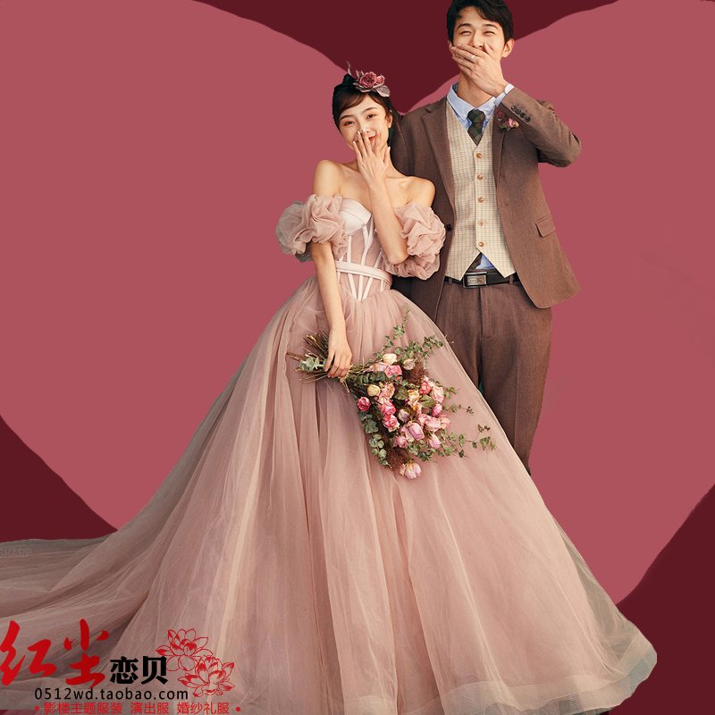 Photo Gallery Themed Clothing Han Edition Tennis Yarn Couple Photo Gown Photography Writing Real Tug Tail Wedding photo Pink color yarn
