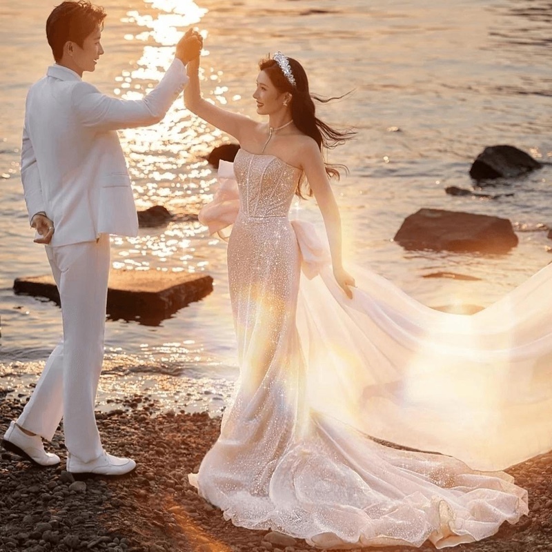 Photo Studio Theme Clothing Couple Outdoor Photo Shoot Photography Dress Seaside Beach Pink Mermaid Tail Wedding Dress