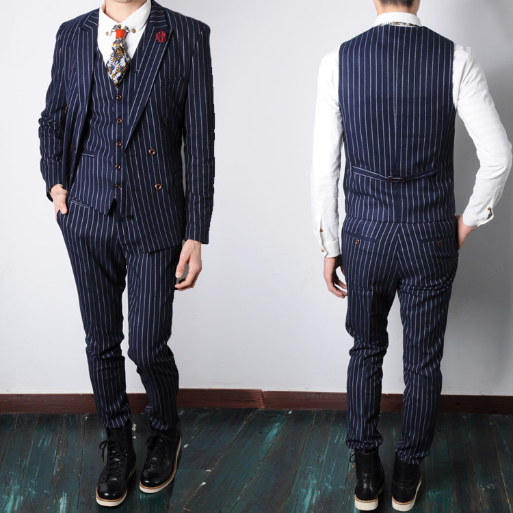New film building photo dress striped men England dress suit vest 3 piece set stage hosted B8