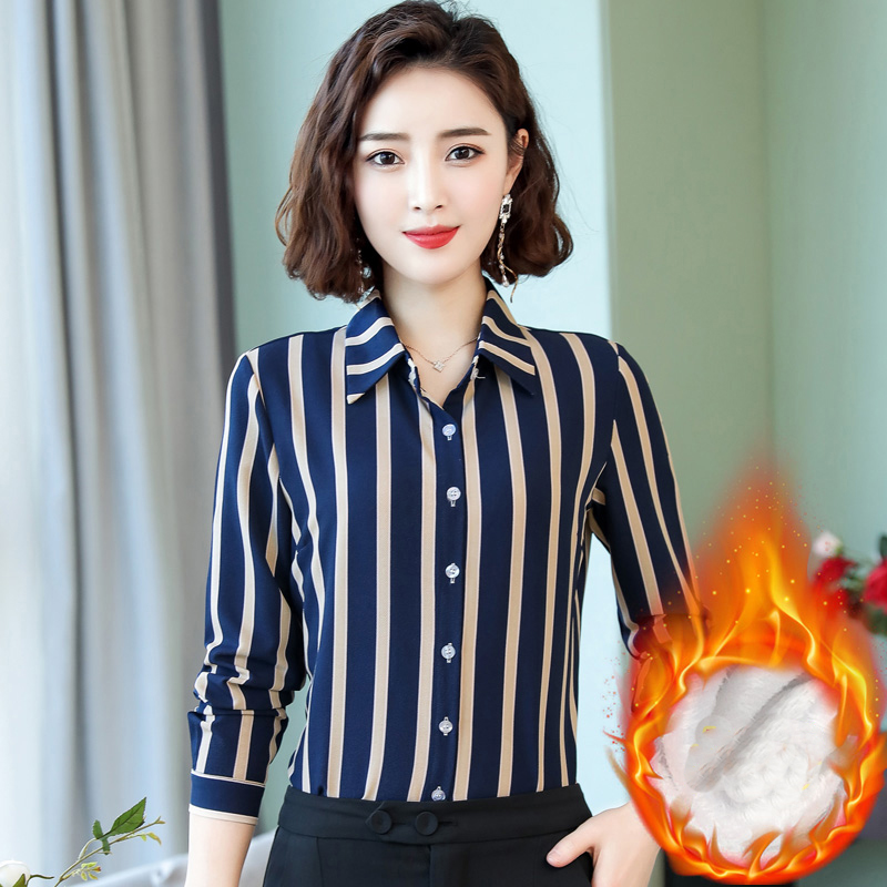 2019新款秋装竖条纹雪纺衬衫女长袖职业装上衣休闲修身衬衣打底衫