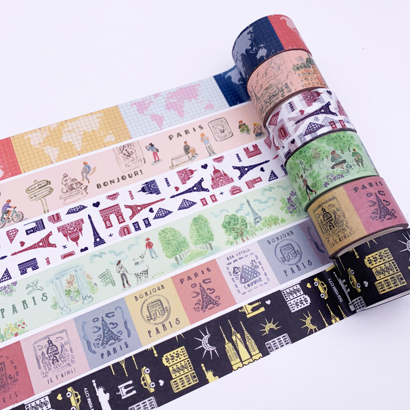 Washi tape ins flower retro tower map English on wind Fresh easy-to-paste stationery tape Green maple leaf