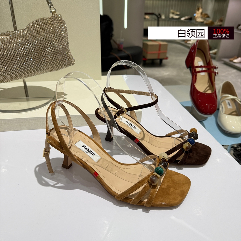 Staccato~Authentic 2026 French Fashion Style One-Strap High-Heeled Open-Toe Sandals for Women Elu01