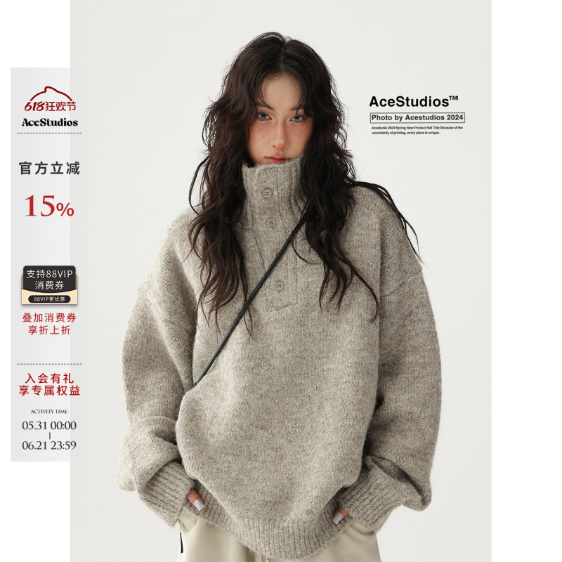 Acestudios Simple Button-Decorated Soft and Thick Turtleneck Sweater Pullover Coat Trendy Acestudios Simple Button-Decorated Soft and Thick Turtleneck Sweater Pullover Coat Trendy