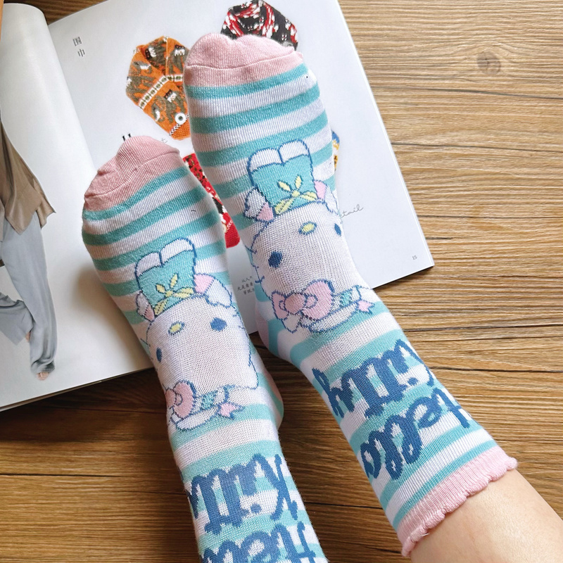 Size 35-38 Japanese Casual Mid-Calf Striped Cartoon Pink Cat Short Socks Women's Socks Cotton Socks Cute Socks for Girls