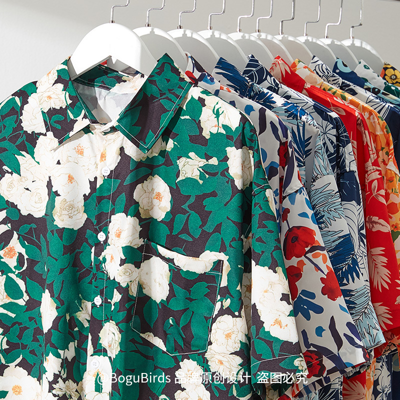 Bogubirds Hawaiian Floral Shirt Retro Surfing Hong Kong Style Men and Women Beach Seaside Vacation Couple Short Sleeves