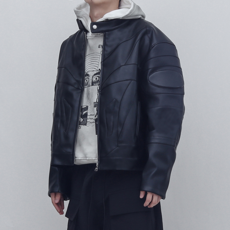 Perdu Structured Exoskeleton Motorcycle Armor Stand-Up Collar Short Patchwork Deconstructed Leather Jacket Perdu Structured Exoskeleton Motorcycle Armor Stand-Up Collar Short Patchwork Deconstructed Leather Jacket