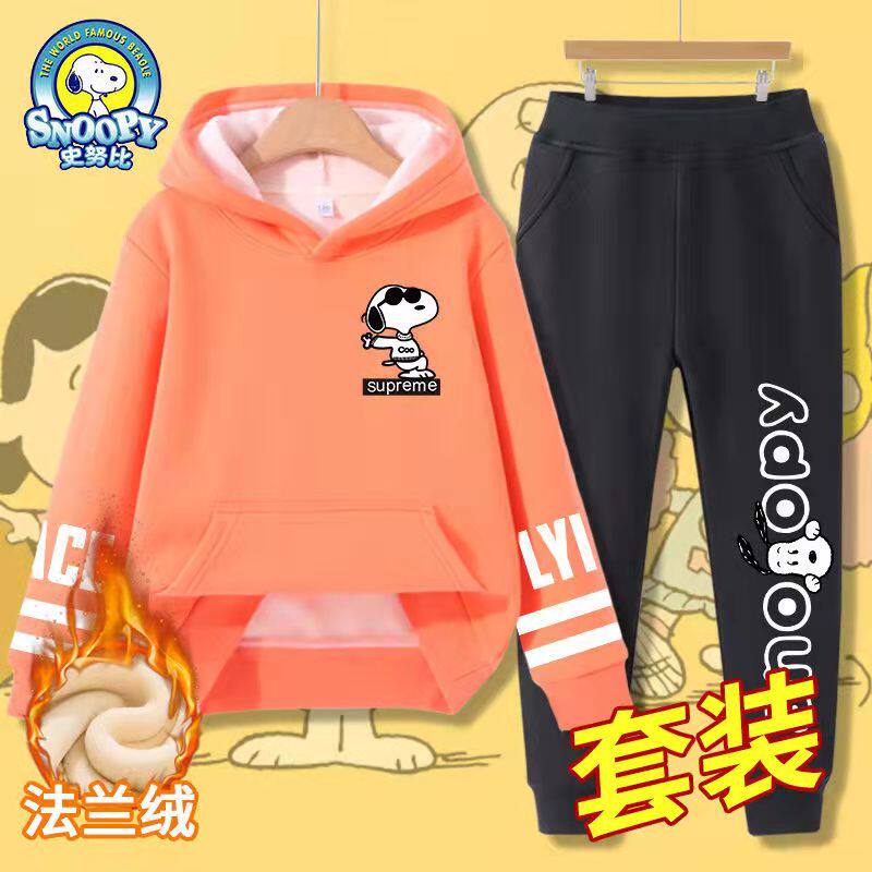 Snubi male and female child plus velvet thickened flannel clothing children's sports suit two sets of 2021 winter new wave