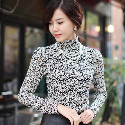 2018秋冬新款高领打底衫女蕾丝衫韩版半高领