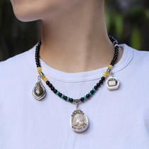 Taijing 15-year-old store Thailand natural coconut wood chain black agate chain necklace one hanging and three hanging