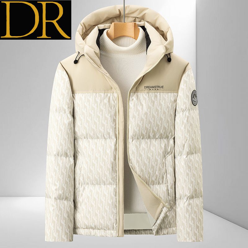 Dr Light Luxury Casual Style Hooded down Jacket for Men, Thickened and Warm, Jacquard Pattern, Off-White Coat for Young and Middle-Aged, Duck down