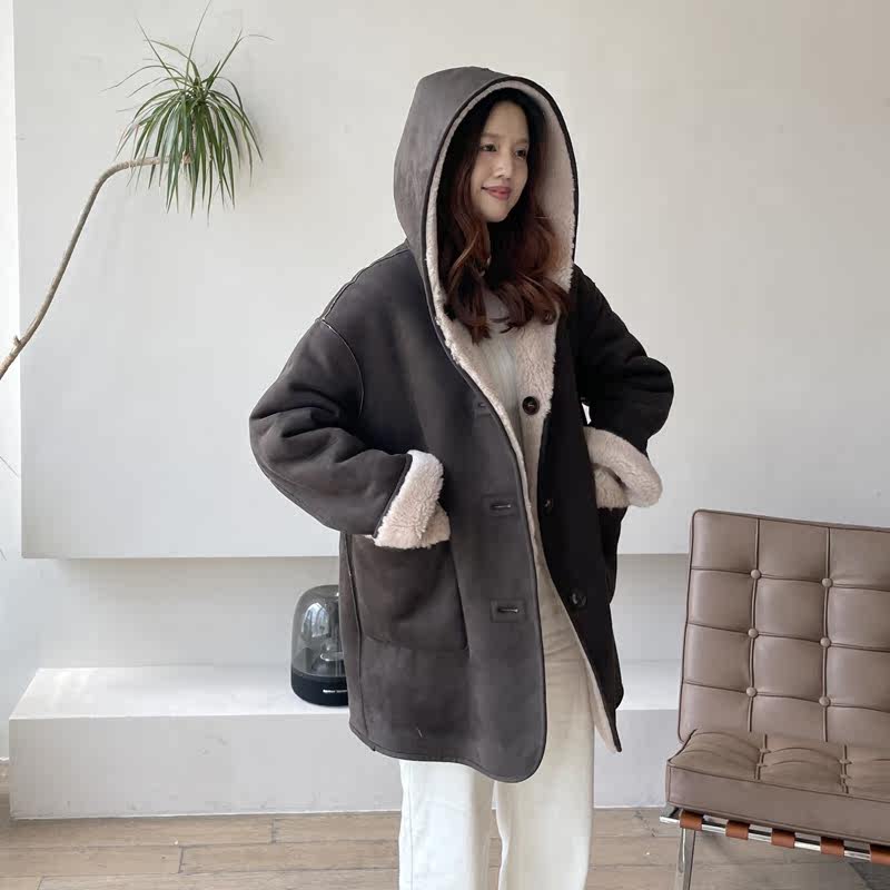 2022 new hooded mid-length fur coat women's winter
