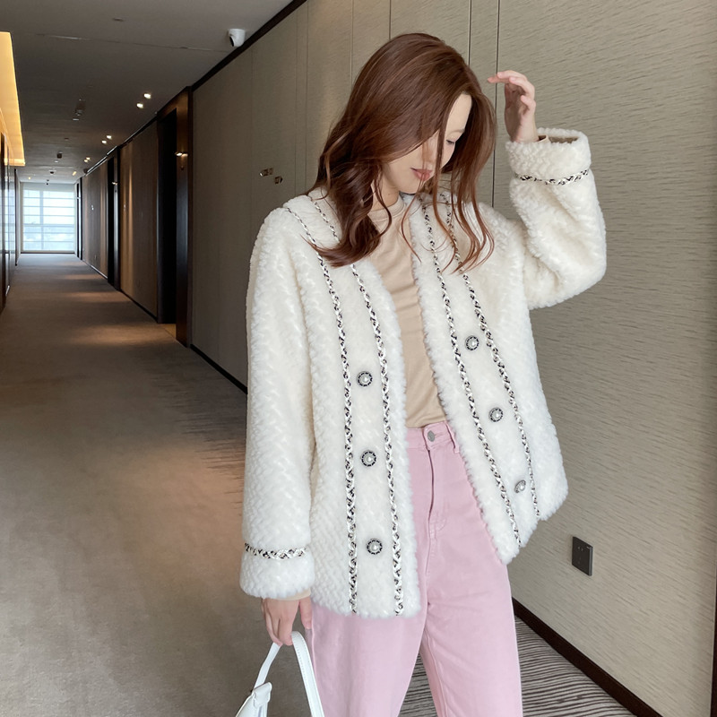 Particle sheep sheared fur 2022 new woven small fragrance fur one women's long version lamb wool coat