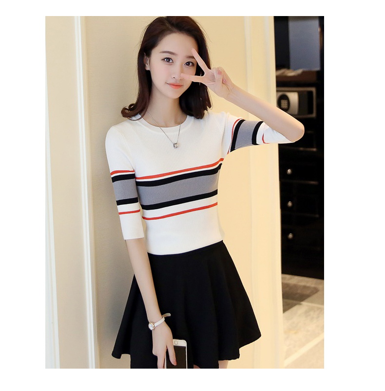 Áo len giữa tay áo sơ mi nữ 5 điểm áo len chui đầu mùa thu mới phiên bản Hàn Quốc của áo sơ mi sọc sọc Áo sơ mi nửa tay áo phông rộng
