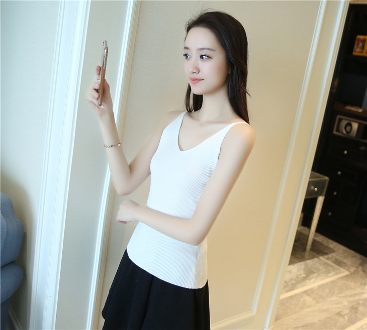 Mùa xuân và mùa hè mặc áo dệt kim sling nữ cổ chữ V mỏng chạm đáy áo size lớn không tay ngắn bị rò rỉ vest phía sau đồ mặc nhà