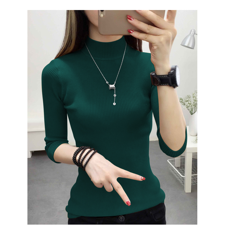 Áo len cổ cao nửa cổ tay áo sơ mi nữ bó sát tay áo 5 điểm tay áo 2018 mùa thu mới áo len cổ lọ