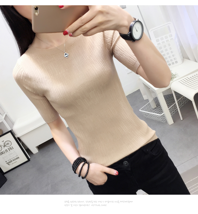 Ngắn tay áo len của phụ nữ Slim áo 2018 mùa xuân và mùa thu mới của Hàn Quốc phiên bản của nửa tay áo sơ mi áo len chặt chẽ đầu áo len nữ form rộng