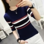 Áo len cổ lọ nữ cổ tròn ngắn mặc áo len mỏng mùa xuân và mùa thu mới sọc đáy áo sơ mi nửa tay áo thun