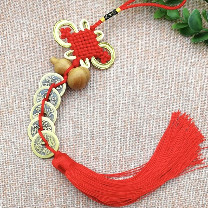 Handmade diy cooper money hanging decoration 5 emperors Chinese knot ornament Family pendant fattening Peach Wood Plinth-Taobao