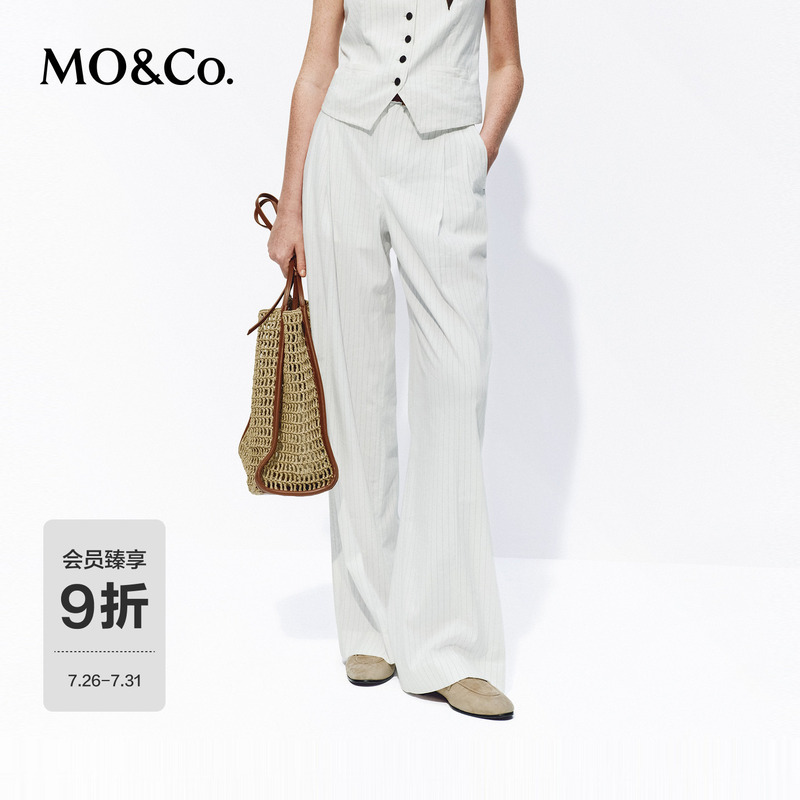 Moco Trousers 2026 Summer New Cotton Linen Rayon Mid-Waist Straight-Leg Long Pants Blue and White Fine Stripes Mbf2Pat026 Moco Trousers 2026 Summer New Cotton Linen Rayon Mid-Waist Straight-Leg Long Pants Blue and White Fine Stripes Mbf2Pat026